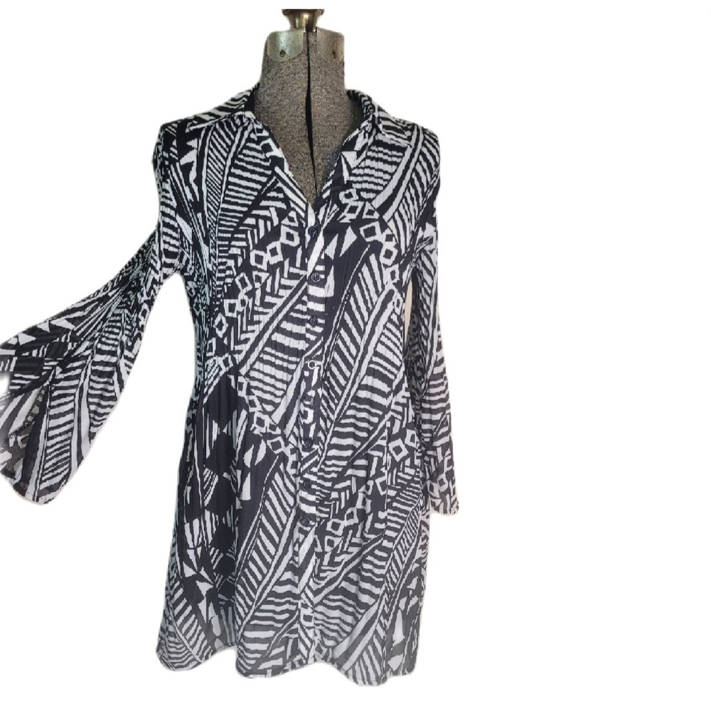 Vintage 90s Y2K Spense Black White Geometric Tumblr Mesh Flare Dress Grunge S